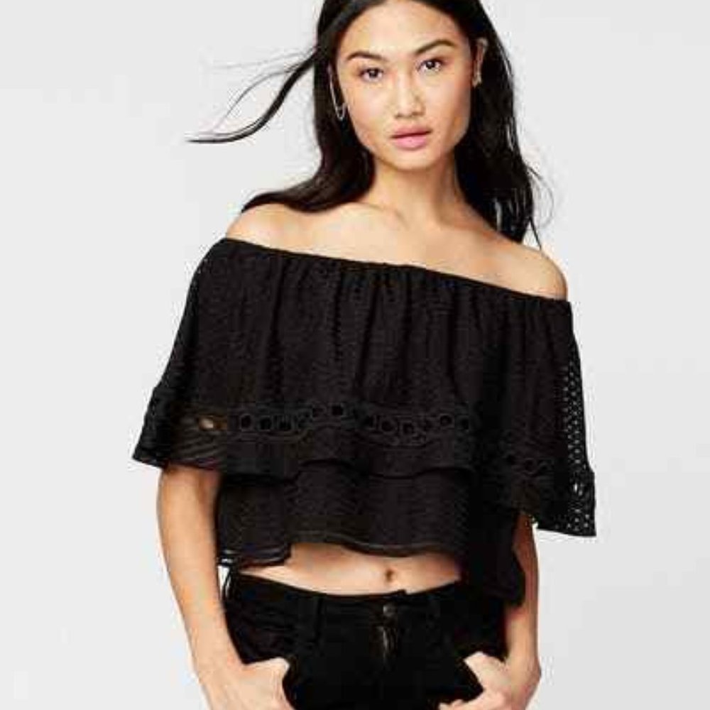 Rachel Roy Ruffled Off-The-Shoulder Top Lace Trim